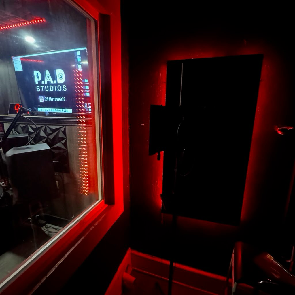 Artists recording area in A Room at PAD 1 music studio with professional sound setup