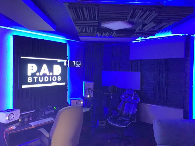 Interior of B Room at PAD 1 music studio designed for vocal recording and music production sessions