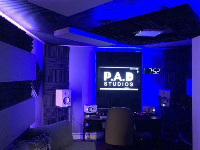 PAD Studios B Room recording studio at PAD 1 with professional microphones, mixing setup, and acoustic treatment