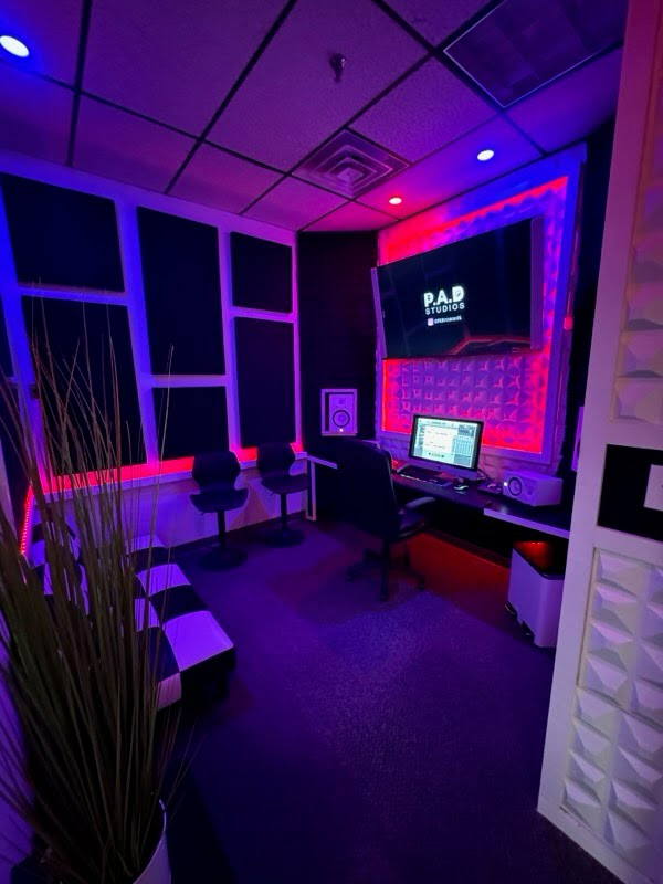 PAD Studios C Room recording studio at PAD 2 featuring professional microphones, studio monitors, and acoustic treatment