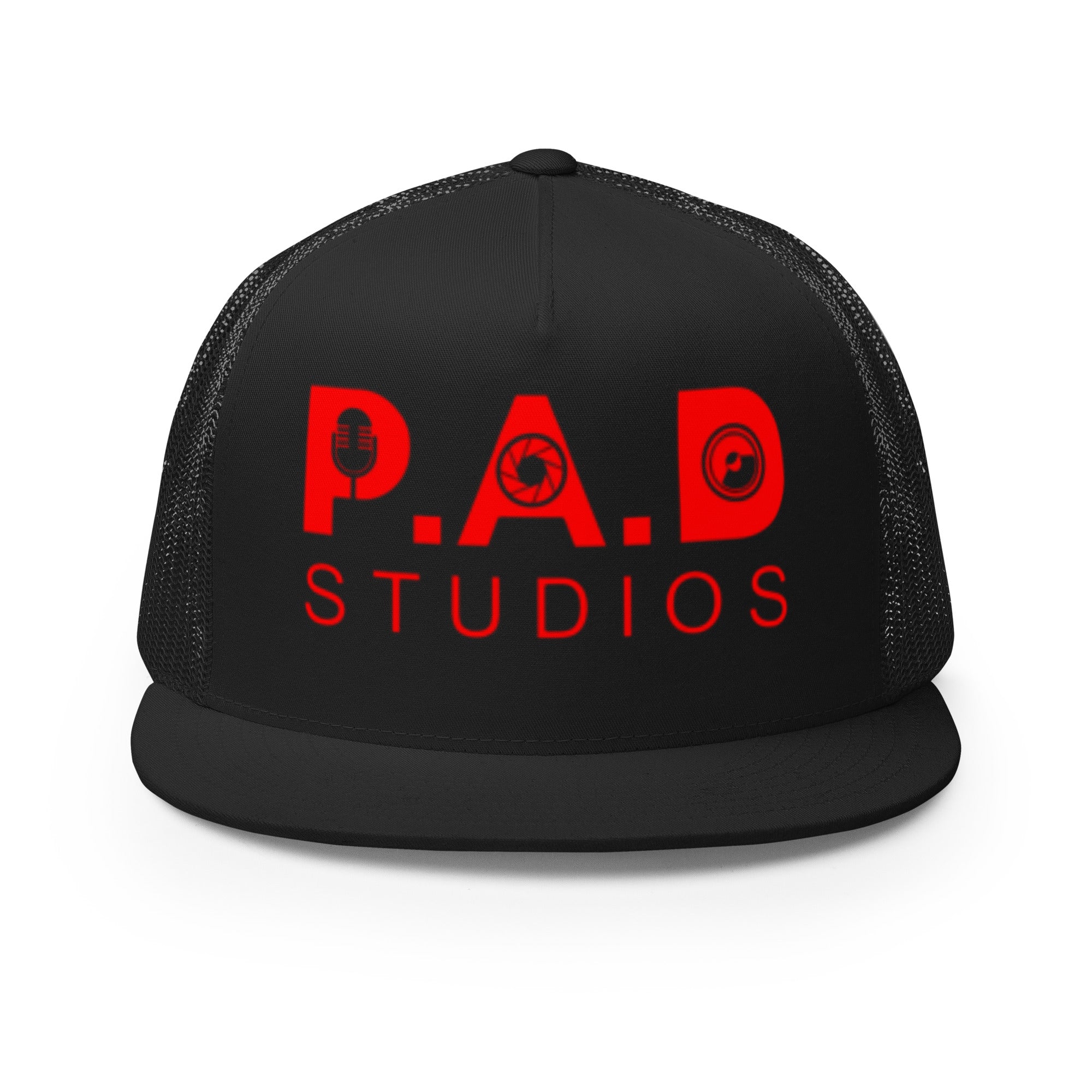 Black PAD Studios snapback hat with red logo and mesh back design