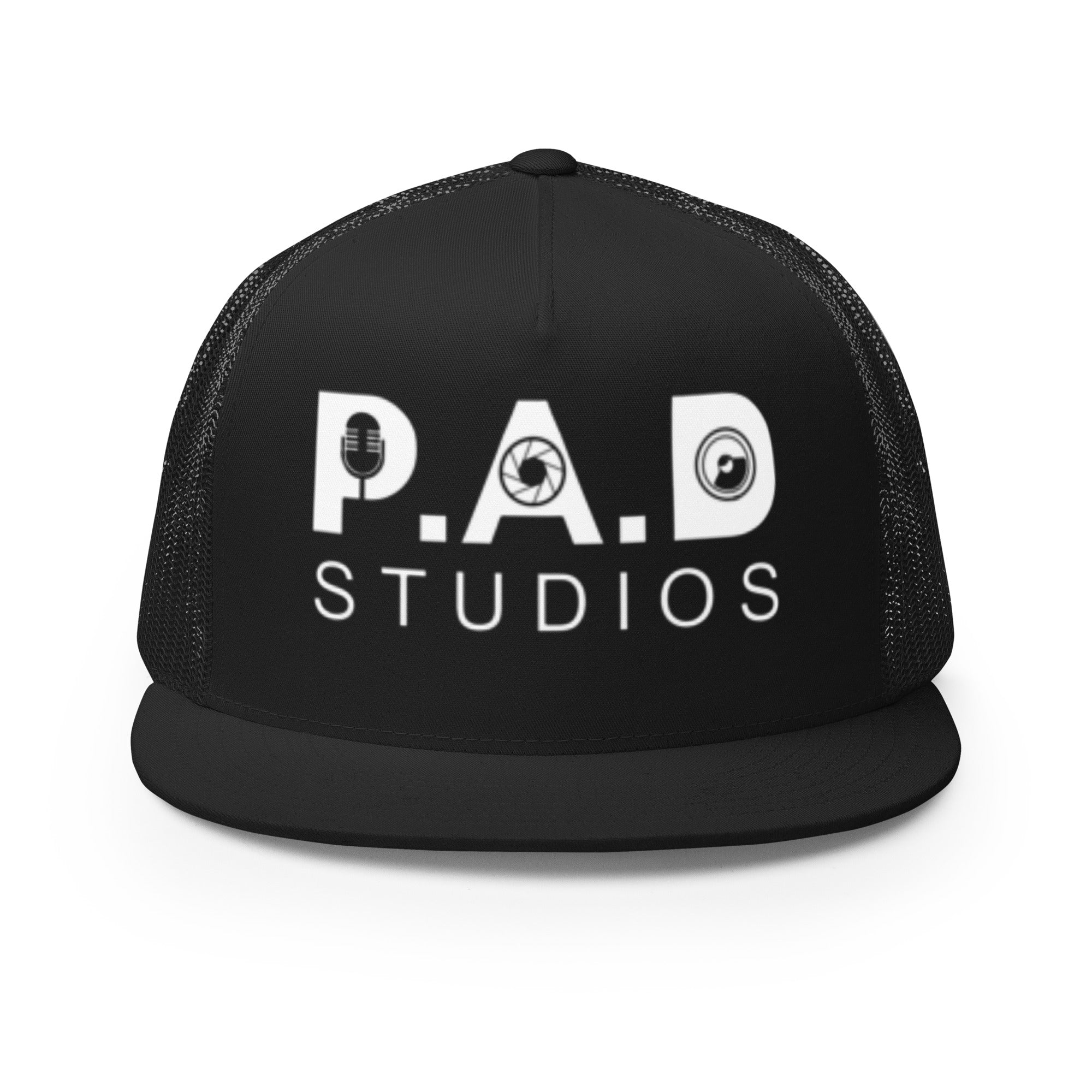 Black PAD Studios snapback hat with white logo and mesh back design