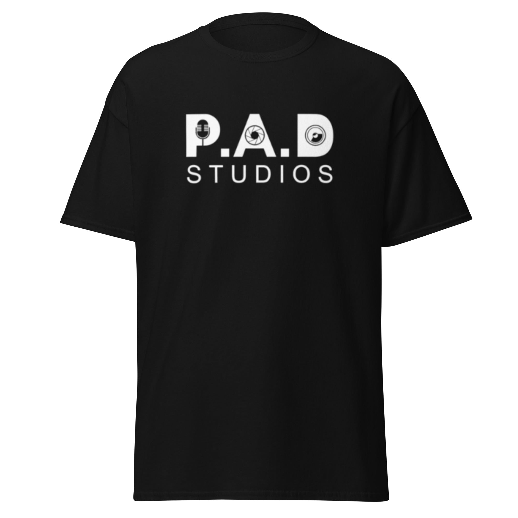 Black PAD Studios t-shirt featuring white studio logo with microphone and media icons