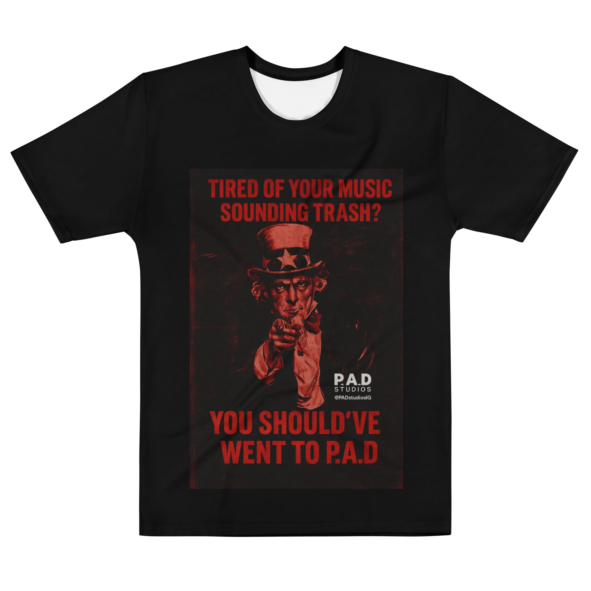 PAD Studios black graphic t-shirt with red “You Should’ve Went to P.A.D.” design inspired by classic recruitment poster